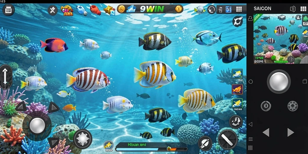Screenshot gameplay 9WIN menunjukkan aksi seru menembak ikan.