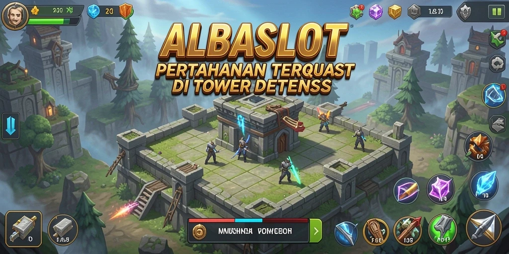 Tangkapan layar gameplay ALBASLOT dengan menara pertahanan yang kokoh.