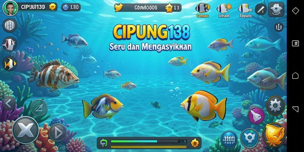Tampilan gameplay menarik dari CIPUNG138 dengan ikan berwarna-warni.