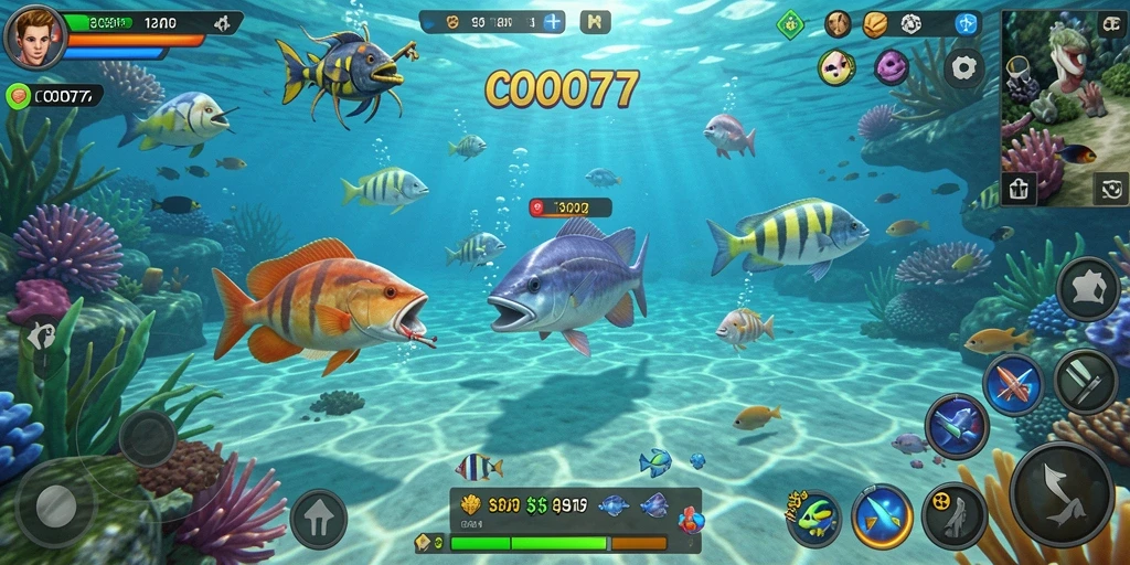 Screenshot gameplay COO77 menampilkan aksi seru dalam menembak ikan.