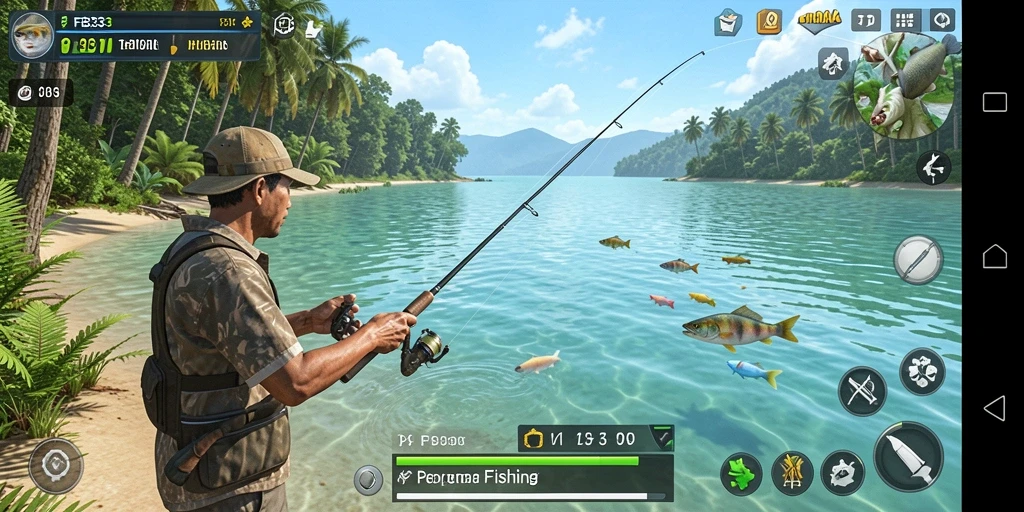 Screenshot FB333 menunjukkan keseruan memancing di lokasi yang indah.