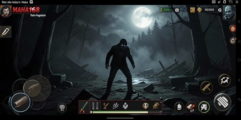 Tampilan gameplay <strong>MAHA168</strong> menakutkan dalam suasana gelap.