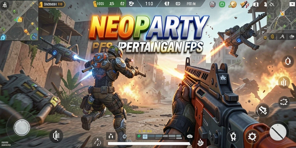 Tangkapan layar NEOPARTY menunjukkan aksi pertempuran FPS yang mendebarkan.