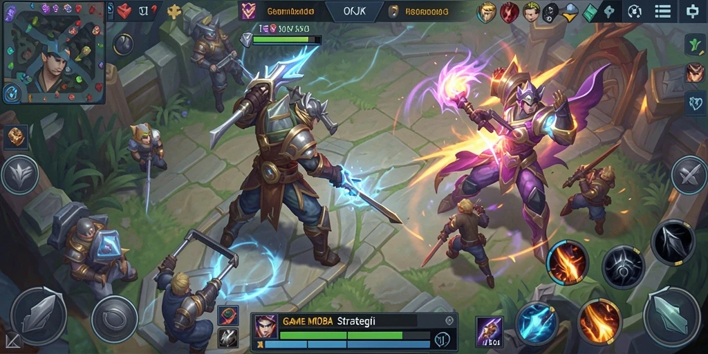 Screenshot gameplay OKJK menampilkan pertarungan seru antar tim dalam arena.