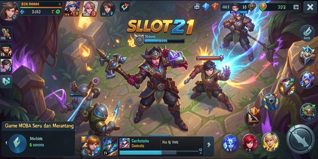 Screenshot menunjukkan pertempuran seru dalam game MOBA SLOT21.