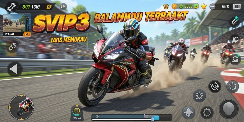 Screenshot gameplay SVIP3 dengan aksi balapan motor yang cepat dan grafik memukau.