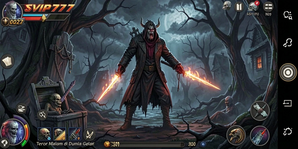 Tampilan gameplay SVIP777 dengan suasana mencekam dan efek visual horor.